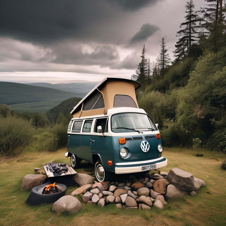 A cozy VW campervan rests on a mountaintop campsite surrounded by tall grass and scattered stones. A stone-ringed campfire and wooden guitar create a warm, welcoming feel. Cloudy skies and wide views give the scene a peaceful, wild atmosphere.