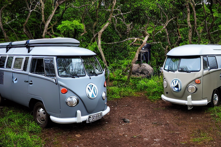 Two blue and gray camper vans rest beside a warm campfire at a sunny Hawaiian campsite. Palm leaves, a large rock, birds, and surfers add to the peaceful sunrise scene, while a guitar lies nearby.