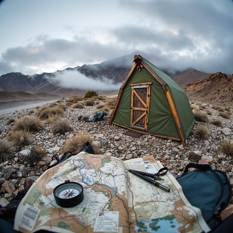 Camp in a rocky valley with tall mountains and low, drifting clouds. A cozy tent stands on the pebbly ground, ready for adventure. A map and compass wait for you to explore the wild outdoors!