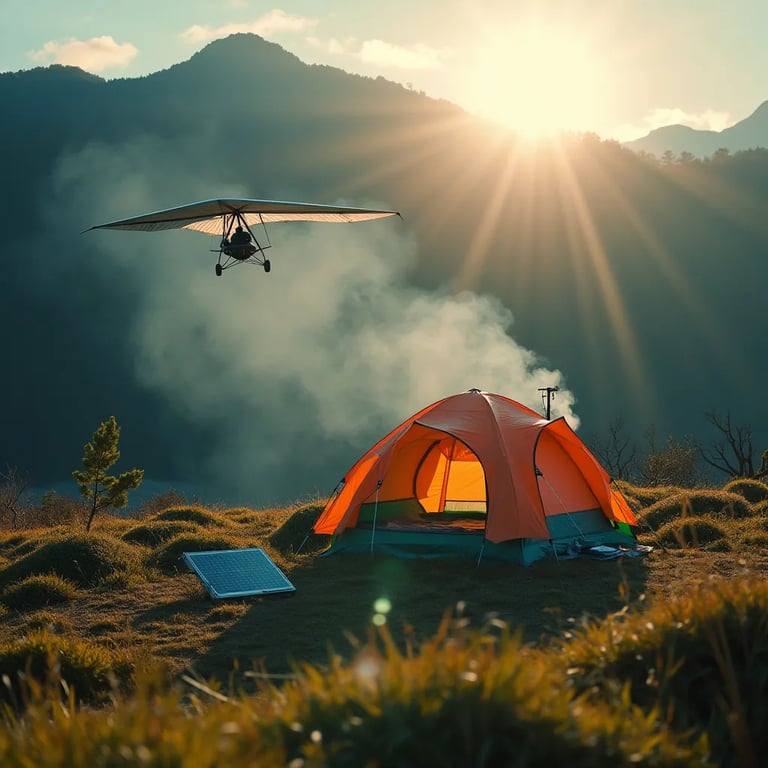 A colorful dome tent rests in tall grass on Miyajima Island as soft sunbeams shine through the trees. Campfire smoke curls into the windy morning air, while surfers enjoy the nearby water. A small solar panel charges a battery beside the tent.