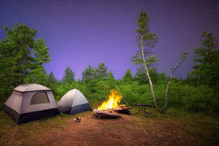 A tan Subaru rests beside a cozy campfire under the glowing northern lights. Rain darkens the dirt while a hammock hangs between the trees, and large rocks surround the peaceful Ozark campsite.