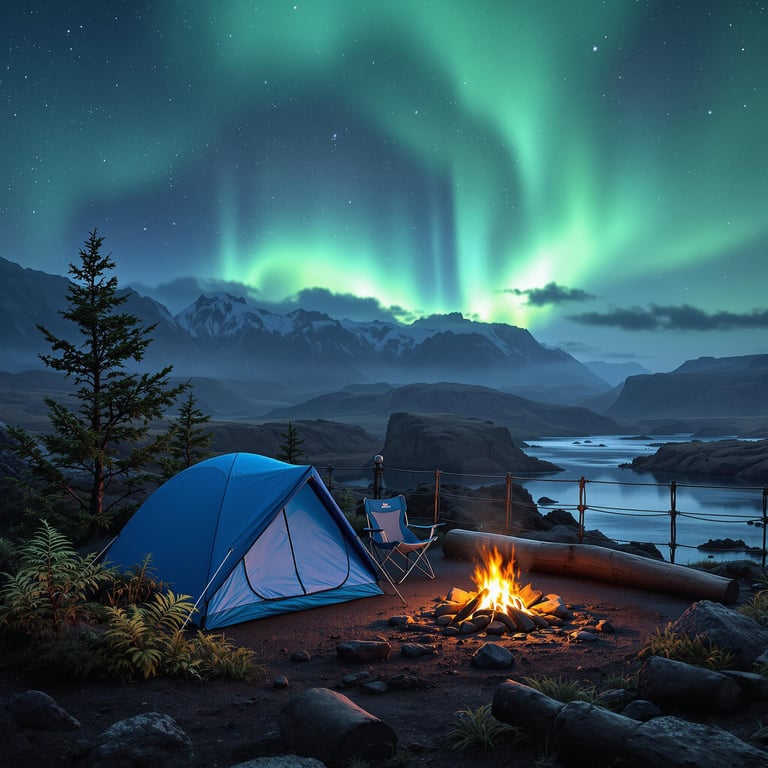 A cozy blue tent sits by a warm campfire under the magical northern lights, with mountains and a peaceful lake nearby. The sky dances with colors, making it feel like a dream. It's the perfect spot for a magical night outdoors!
