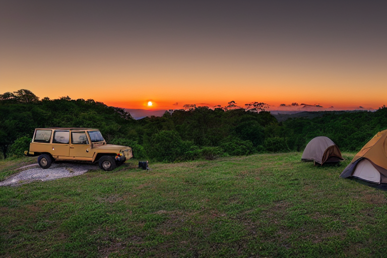A green and tan Jeep with a rooftop tent rests beside a warm campfire on a quiet dirt patch. Fog drifts over the rolling hills, while a picnic table and boulders sit nearby. The pale moon rises in the soft sunset sky.