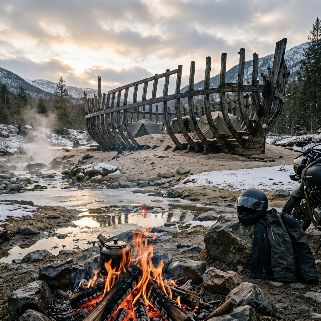 Seen from beside a campfire, tents sit beneath a huge wooden ship frame. Steam rises from the stream, with snow on the rocks and hills.