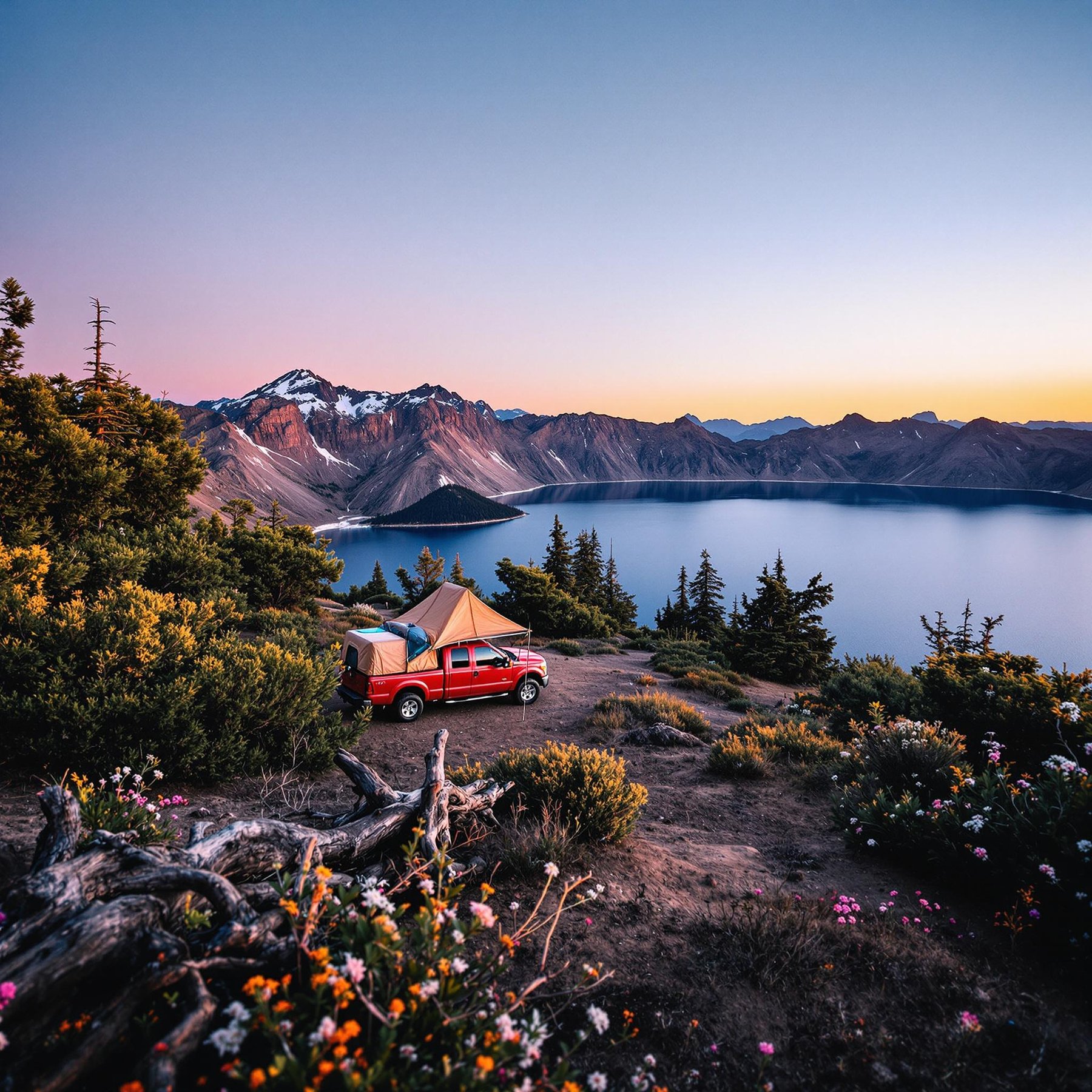Perched on a hill, this cozy campsite overlooks a sparkling blue lake surrounded by majestic mountains. The colorful wildflowers and tall trees create a peaceful and magical setting. As the sun sets, the sky turns vibrant shades of purple and orange.