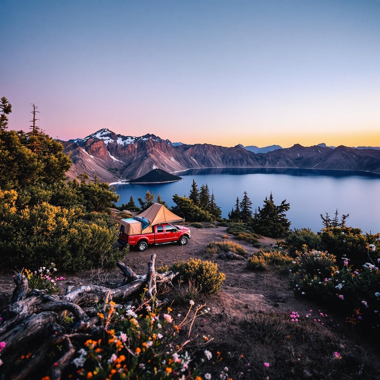 Perched on a hill, this cozy campsite overlooks a sparkling blue lake surrounded by majestic mountains. The colorful wildflowers and tall trees create a peaceful and magical setting. As the sun sets, the sky turns vibrant shades of purple and orange.