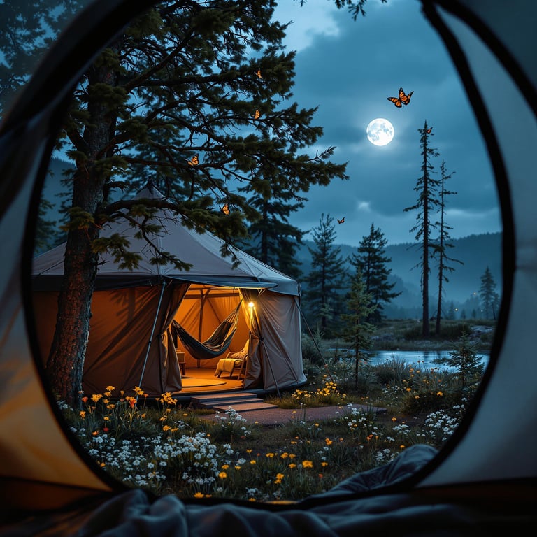 A cozy tent glows warmly under the bright moon, surrounded by tall trees and fluttering butterflies. Nearby, a calm lake reflects the night sky, creating a peaceful and magical atmosphere. Wildflowers bloom all around, adding a burst of color to the serene scene.
