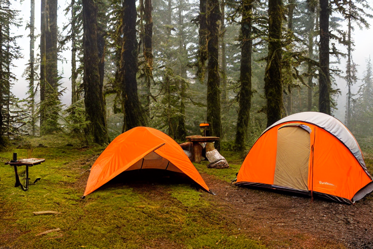 An orange tent rests on a paved campsite surrounded by mossy trees. A warm campfire glows beside a picnic table and a large fallen log. Soft morning fog fills the forest as the sun rises over Washington State.