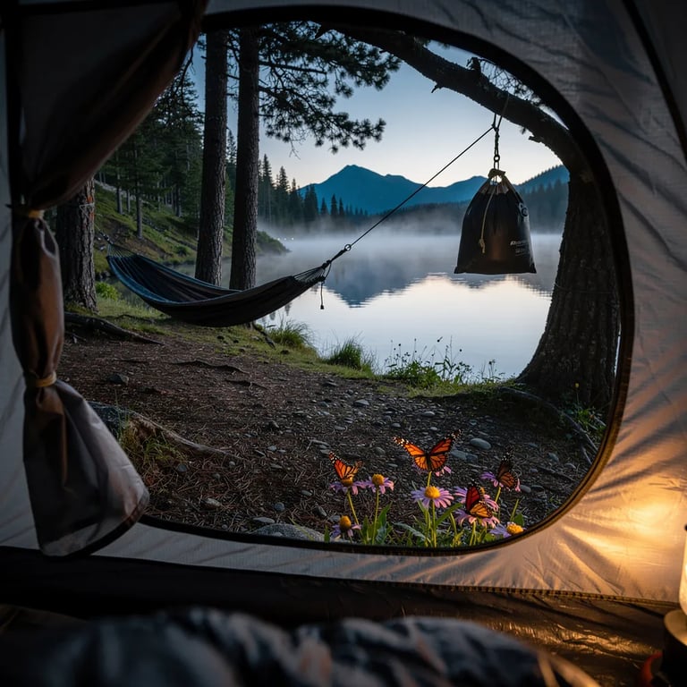 A quiet alpine lake sits still under cool blue twilight, with soft fog drifting along the shore. From the open tent, you can see tall pine trees, a hammock between them, and a food bag hanging high on a branch. A warm little headlamp glow makes the campsite feel cozy. Near the tent, bright butterflies rest on tiny wildflowers.