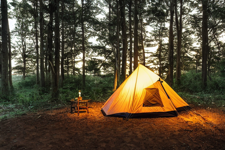 A cozy two-person tent sits on a quiet beach beneath tall trees. A campfire glows beside the logs as rain falls, with the ocean and dark sky beyond. Stones and small trees add a wild, peaceful feel.