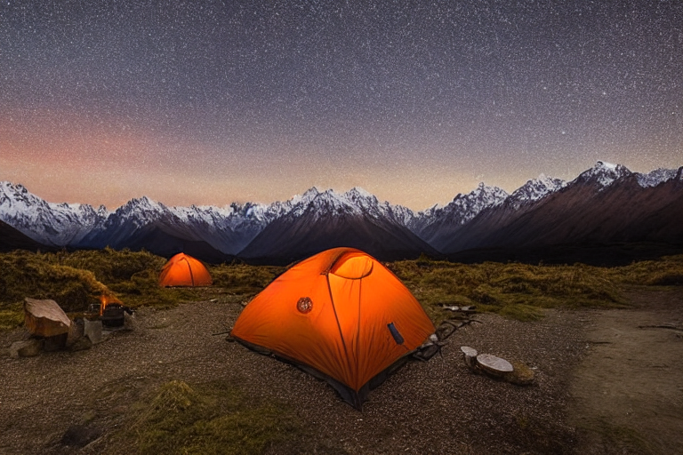 An orange tent rests on a quiet dirt campsite beneath a star-filled sky. Tall bushes surround the clearing, while a small campfire glows beside a few logs. Rainy mountain air gives the scene a cool, peaceful feel.