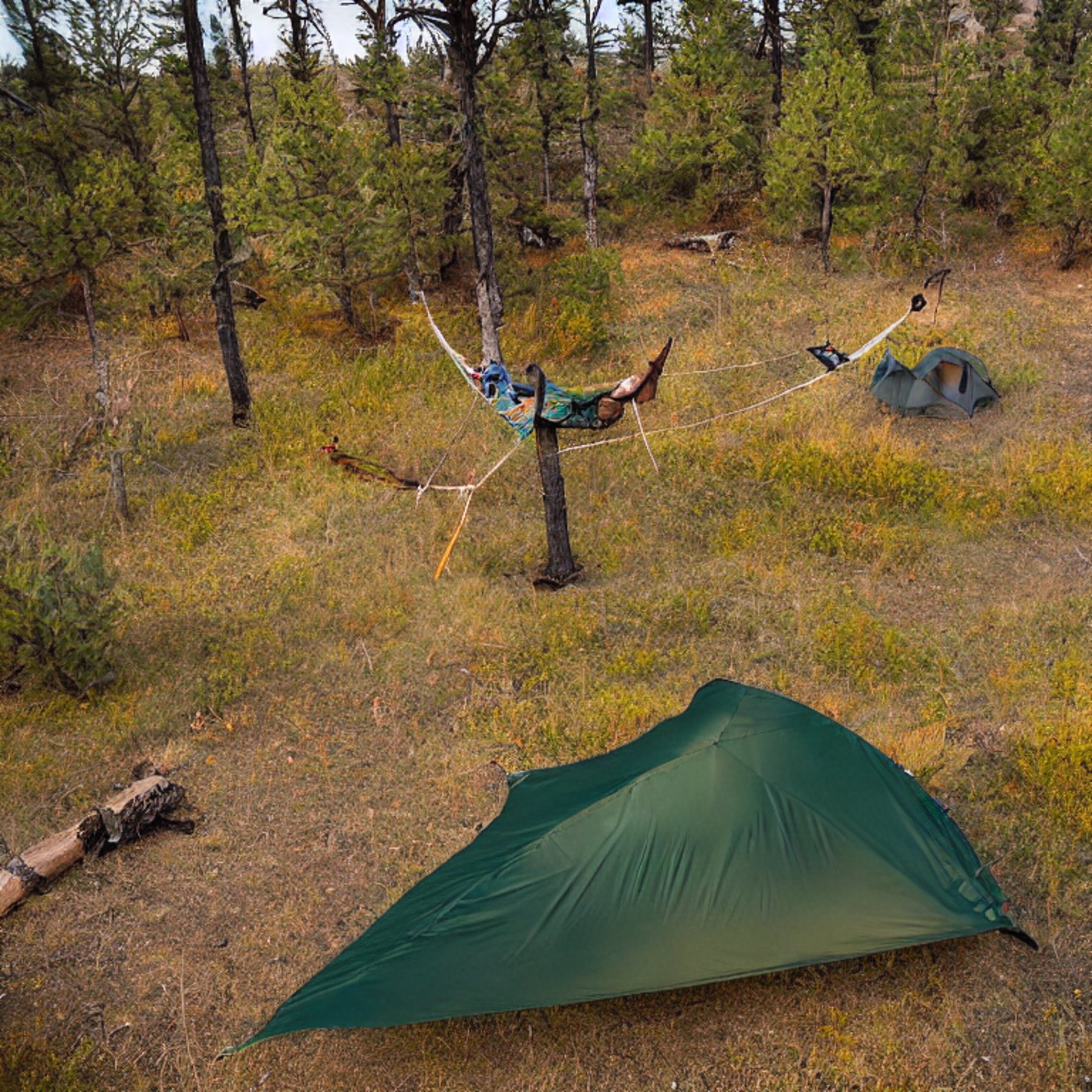 A cozy green tent rests on a paved campsite in the New Mexico desert. Fall-colored trees surround the site, with a hammock, guitar, and backpack nearby. Soft sunset light shines through the rainy sky.