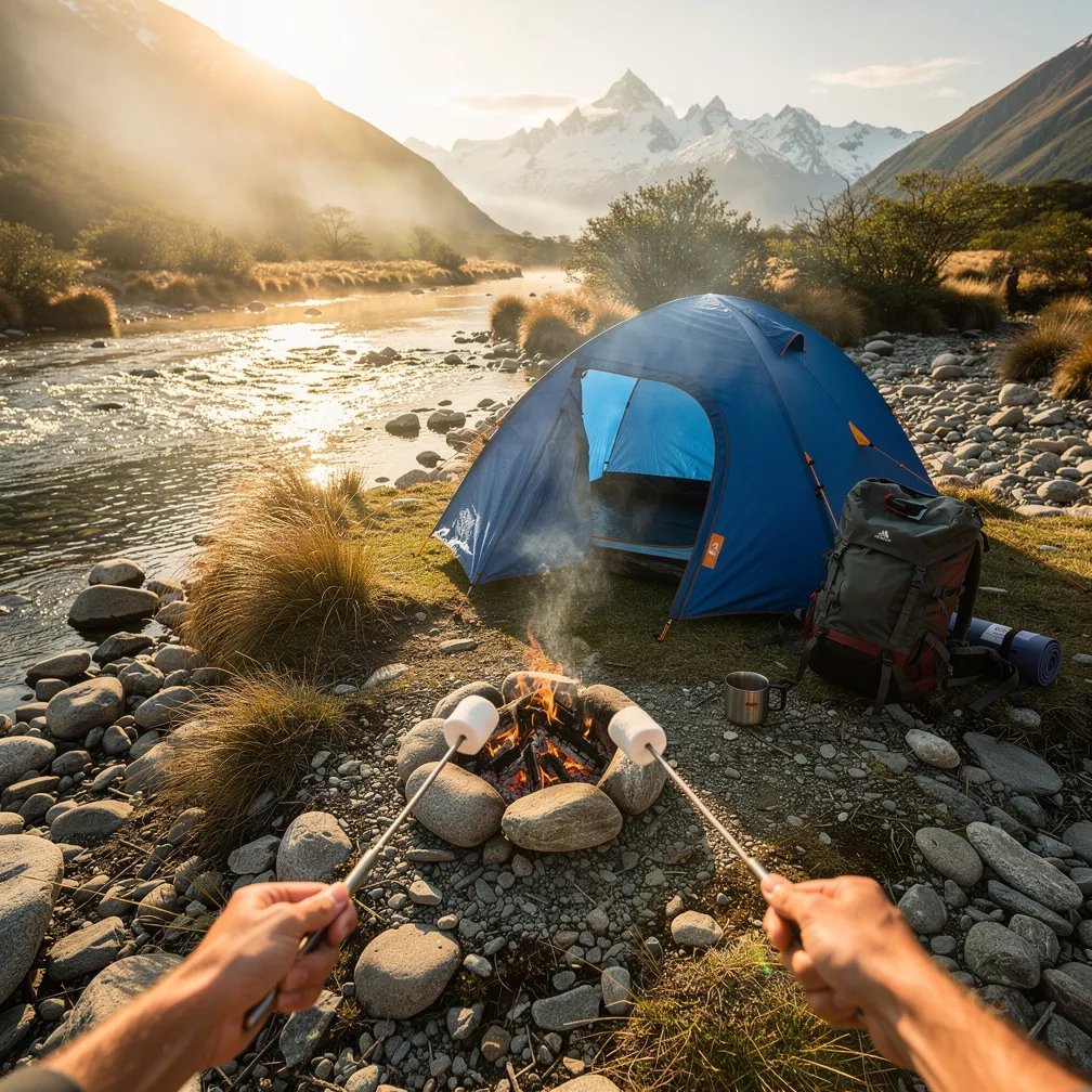 A bright blue tent sits on rocky ground beside a clear river, with tall tussock grass waving in the breeze. Warm golden light and a little mist make the valley feel calm and magical. A small stone fire crackles as hands roast marshmallows, and snowy mountains rise far away.