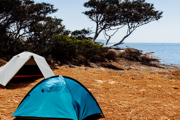 Tent at campsite at the edge of the ocean