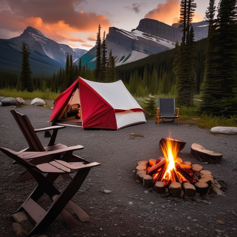 A red and white tent rests in a quiet Banff campsite during a rainy golden hour. A warm campfire glows among stone rings, with chairs and a large log nearby. Trees and misty mountain air make the spot feel peaceful and cozy.