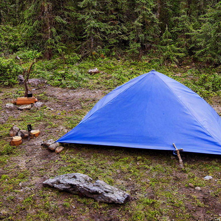 A blue two-person tent rests on a quiet dirt campsite on Vancouver Island. Large stone slabs, scattered rocks, and a twig surround the tent, while a berry-covered bush adds color. Soft sunset light glows beneath the cloudy sky.