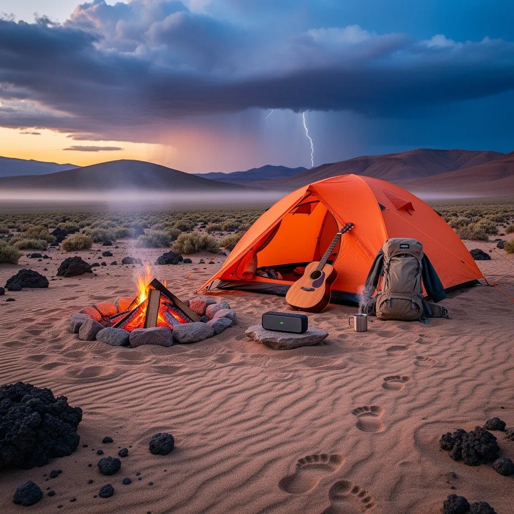 A bright orange tent glows on the sandy desert floor, framed by a rocky cave. Soft dusk light colors the sky blue and orange as storm clouds fade away. A small campfire burns beside a guitar, backpack, and metal mug, with footprints leading into the quiet camp.