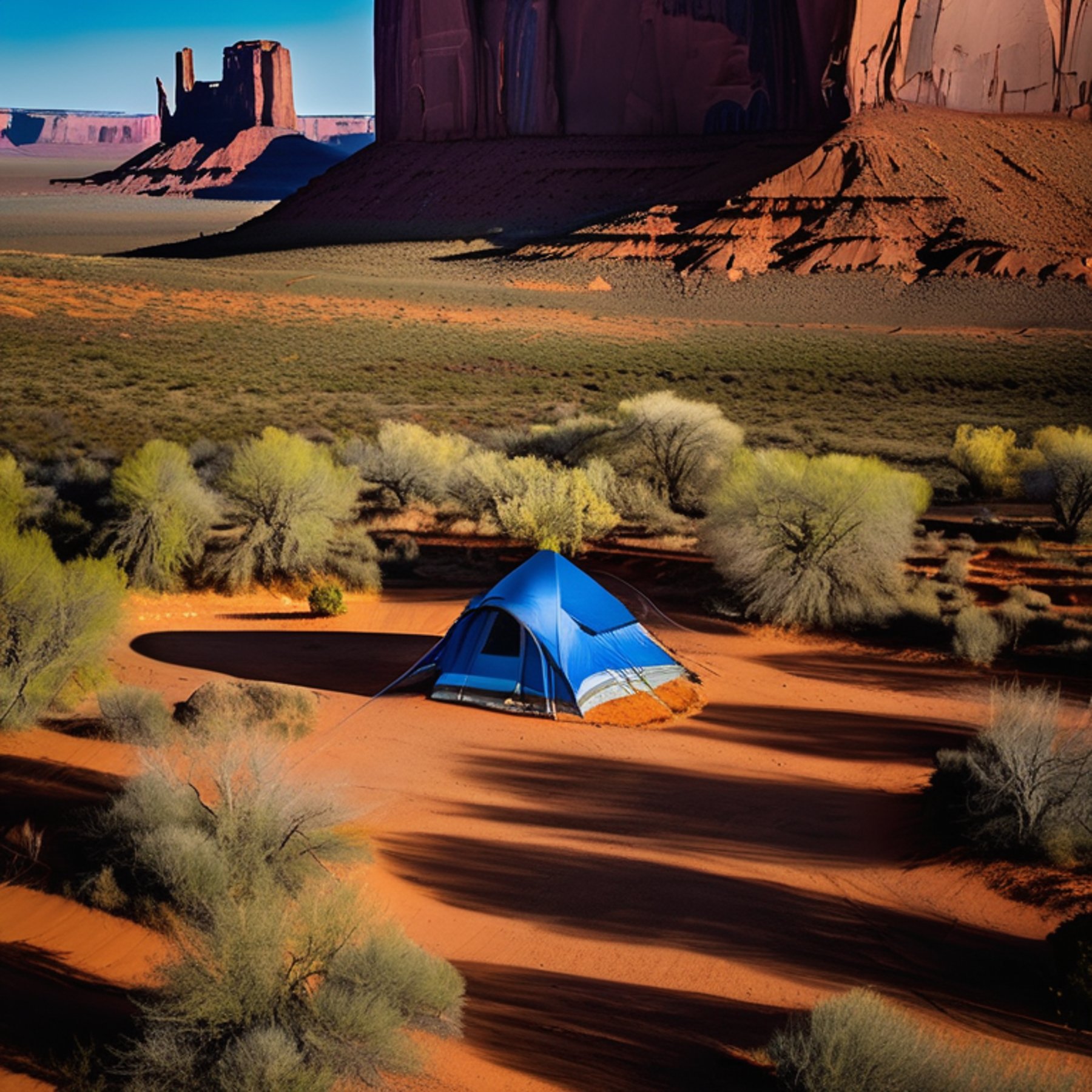 A bright blue tent rests at a quiet campsite beneath the glowing northern lights. A small stream winds through the dirt, with camping chairs and a clothesline nearby, while Monument Valley rises in the distance.