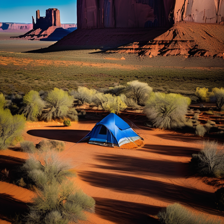 A bright blue tent rests at a quiet campsite beneath the glowing northern lights. A small stream winds through the dirt, with camping chairs and a clothesline nearby, while Monument Valley rises in the distance.