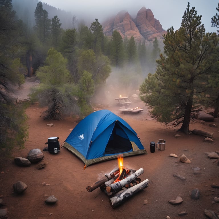 A blue and gray tent rests among the red rocks of a quiet canyon. Fog and light rain soften the tall trees and winding dirt path. Nearby, a stone-ringed fire, wooden logs, and a camping mug create a cozy spot.