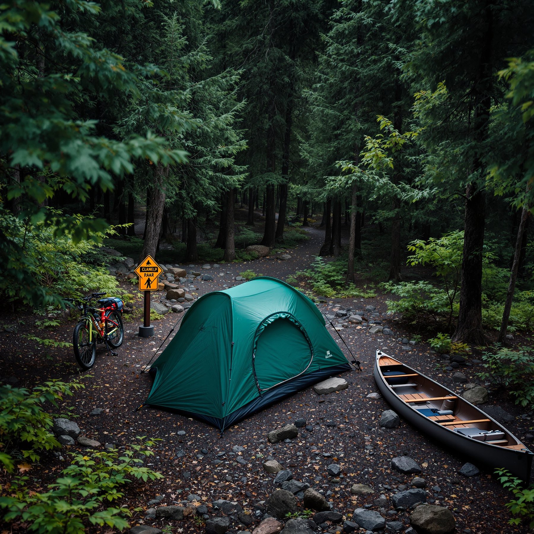 This campsite sits quietly in a deep green forest, surrounded by tall trees and soft, leafy ground. A green tent stands near a trail, with a canoe and bike ready for adventure. It feels peaceful and full of fun things to explore.