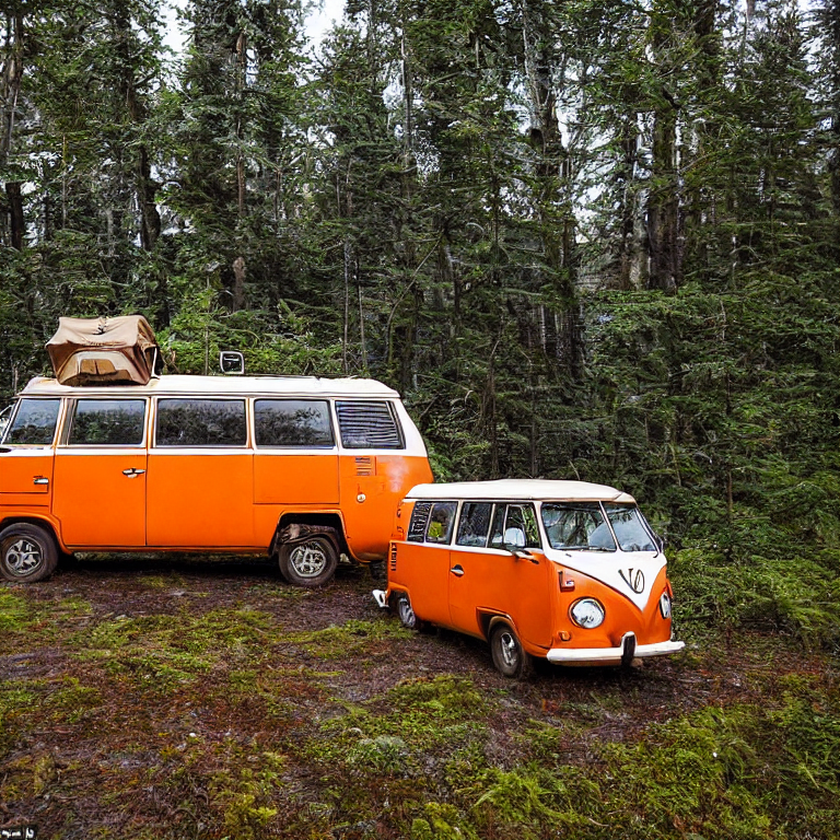 An orange camper van rests beside a warm campfire in a snowy forest. Mossy trees, ferns, and distant mountains surround the campsite under a sky full of stars, while a deer watches from afar.