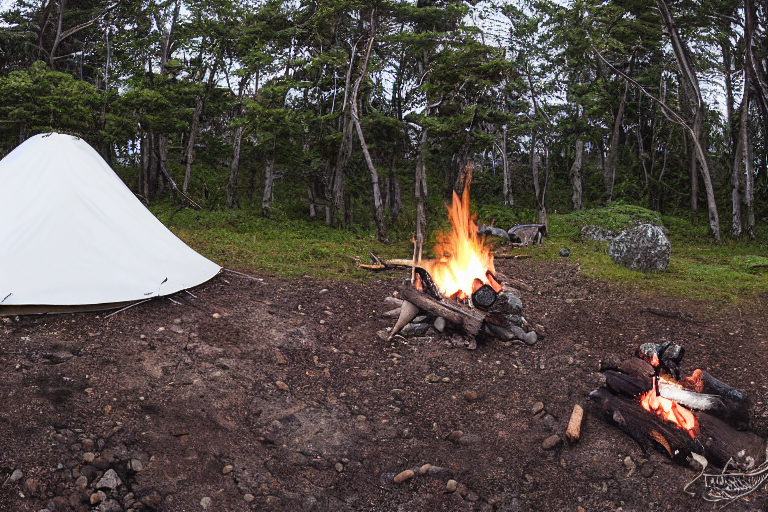 A white tent rests on a quiet dirt clearing, with a stone-ringed campfire and a wooden guitar nearby. Snowy boulders surround the campsite, while a deer stands in the distance.