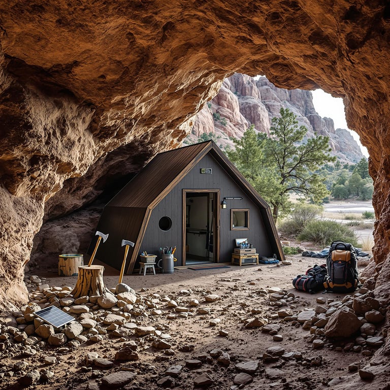 A cozy dark gray lean-to sits among the red rocks of Capitol Reef, seen from a quiet cave entrance. A backpack, axe, and solar panel rest nearby, while rainbow-colored hot springs glow through the hazy afternoon air.