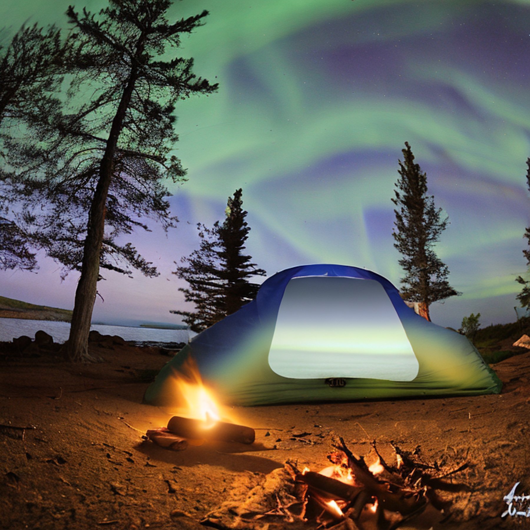 A blue tent rests on a dirt campsite beneath glowing green northern lights. A warm campfire crackles inside a ring of stones beside a large rock, while fog softens the dark North Shore night. Farther away, surfers add a surprising touch of adventure.
