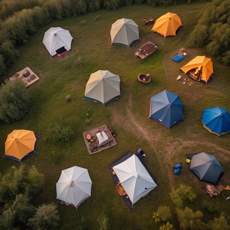 A colorful tent rests in a wildflower field beneath the soft twilight sky. A warm campfire roasts marshmallows beside large stone slabs, with a mug sitting on a nearby log. Hikers enjoy the peaceful, misty campsite below.