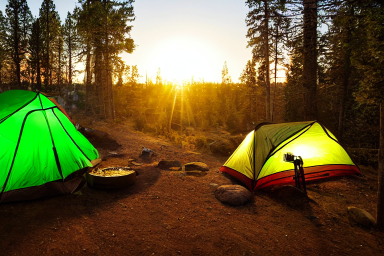 A green tent rests on a sunny dirt campsite in a Colorado forest. Warm sunrise light shines through the trees, while a lantern glows beside large stone slabs. Surfers add a fun, surprising touch to the peaceful scene.