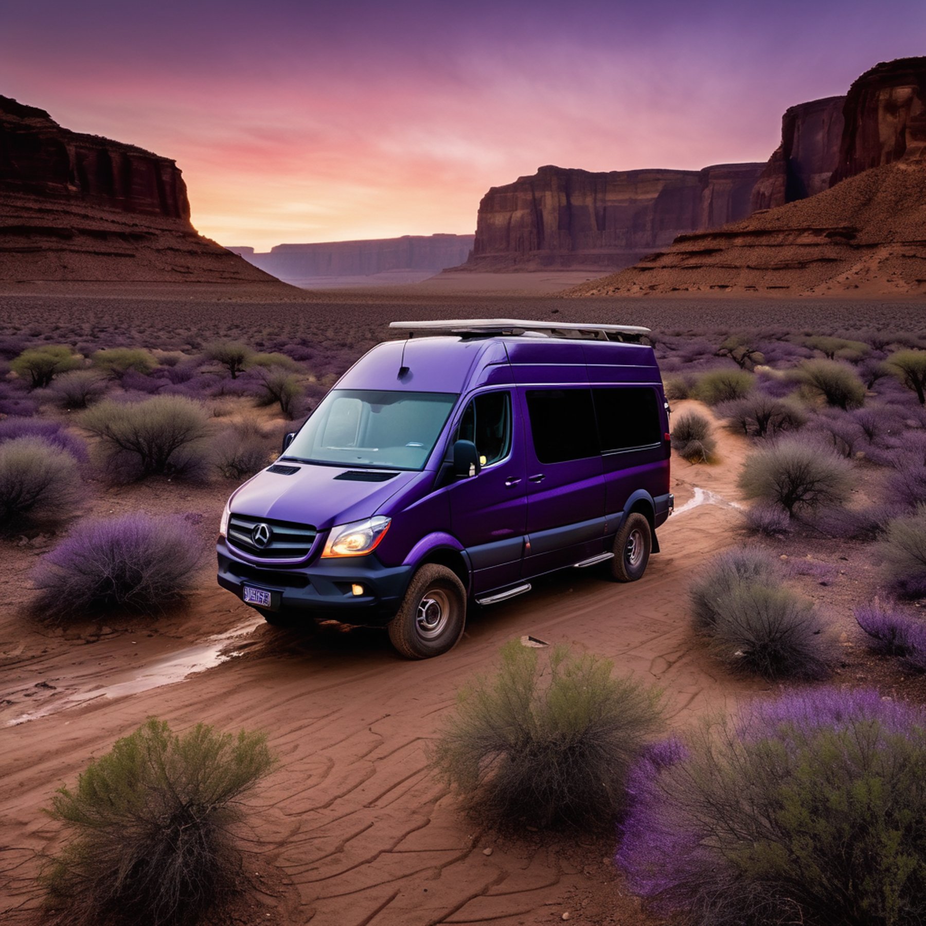 A purple camper van rests in a rugged desert at twilight, surrounded by large bushes. Dusty air softens the view, while a deer stands far away and a waterfall spills from a nearby cliff.