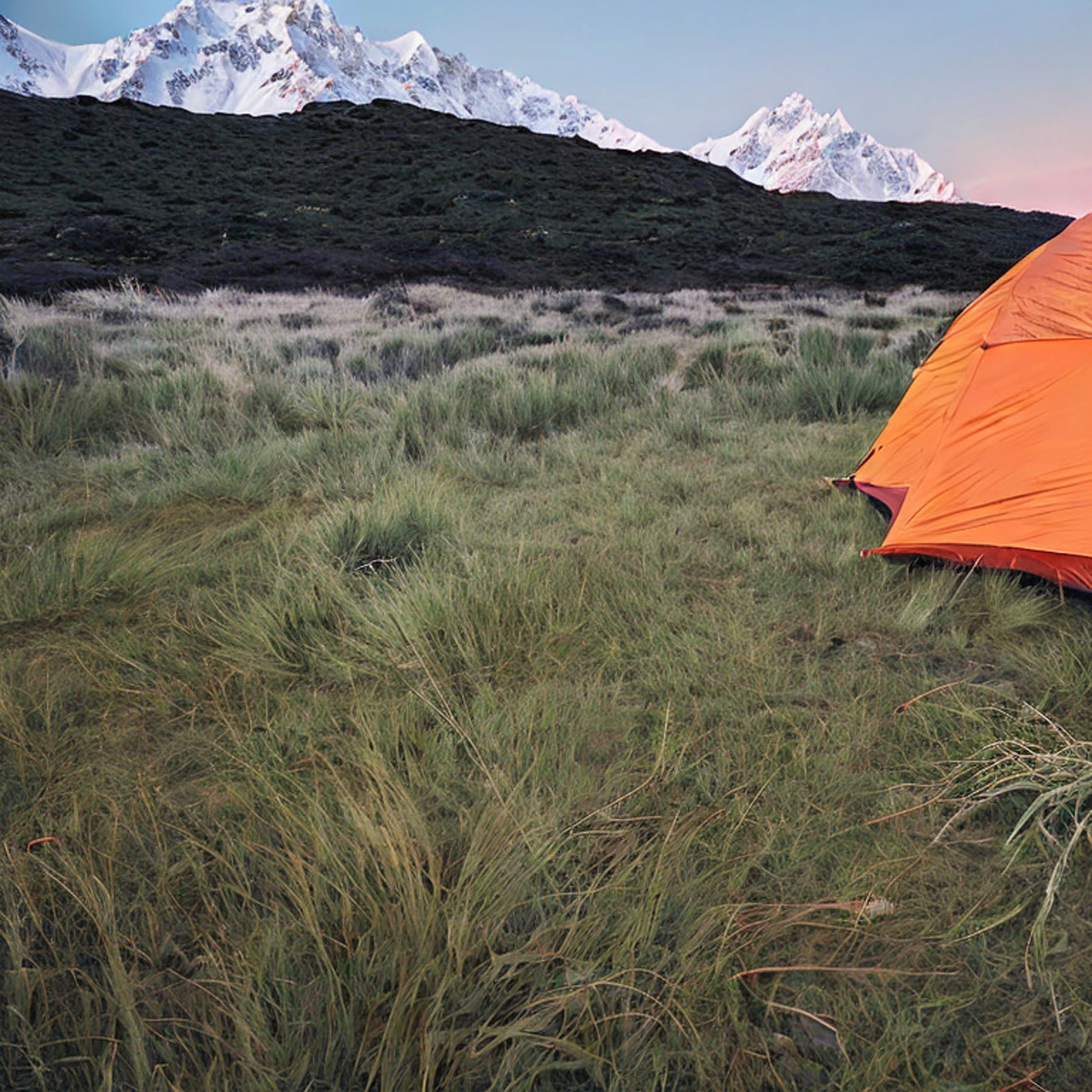 A forest-green tent rests beside a paved campsite, surrounded by tall, overgrown grass and a box of camping gear. Snowy peaks glow in the sunset as a pale moon rises in the quiet sky.