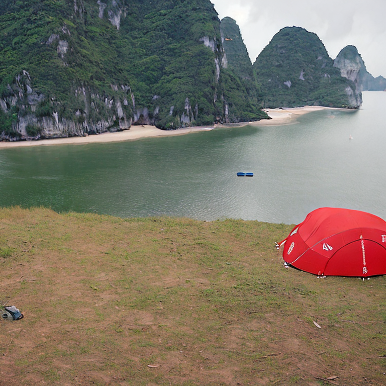 A red and white tent sits on a dirt patch in the tall grass of Halong Bay. Stormy skies roll over the green hills, while a soft flashlight glows inside the tent. A backpack rests nearby, ready for adventure.