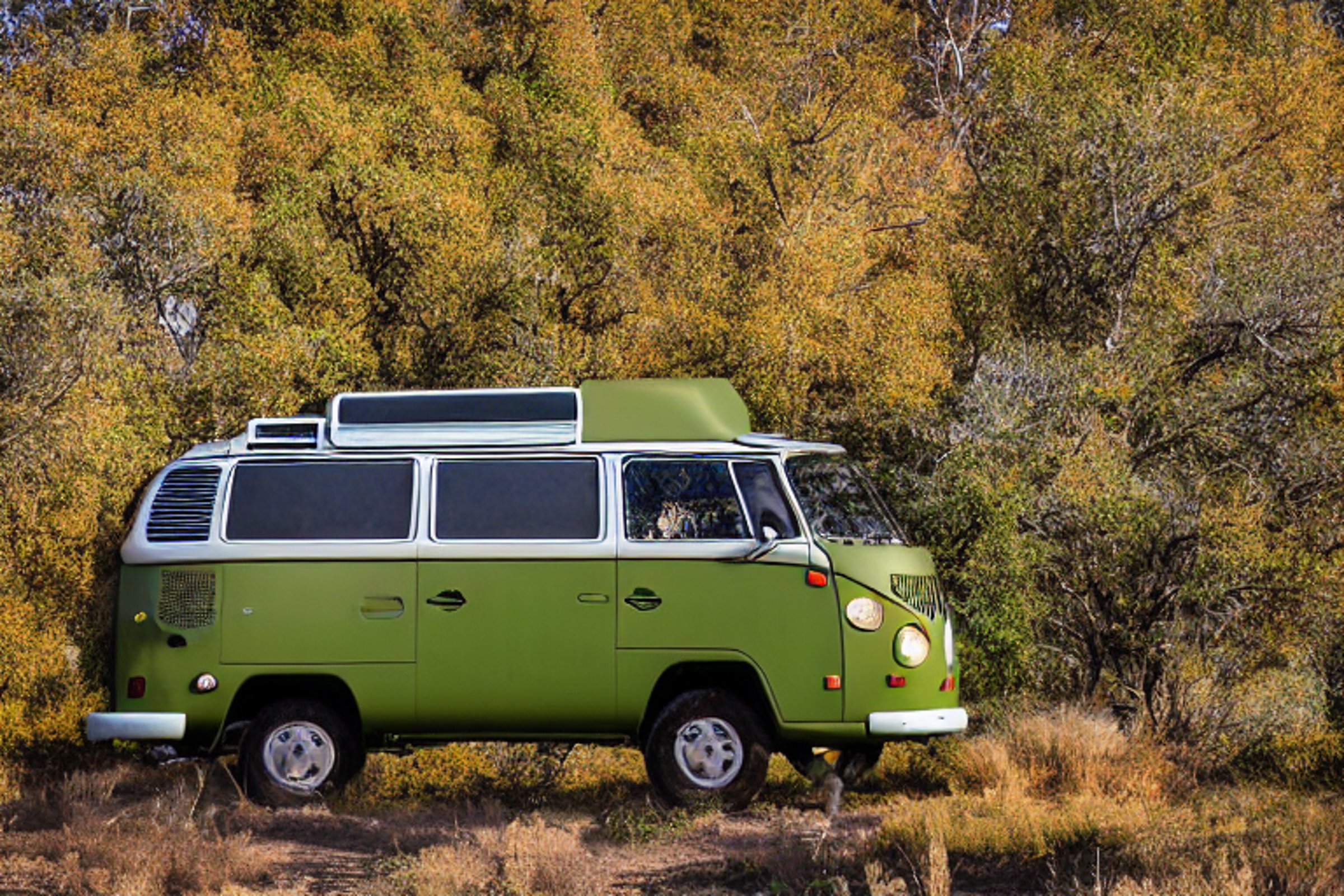 A green camo VW campervan rests at a quiet paved campsite in Big Bend National Park. Fall-colored trees and huge stone slabs surround the rough, rocky ground. The peaceful night sky gives the campsite a cozy, adventurous feel.