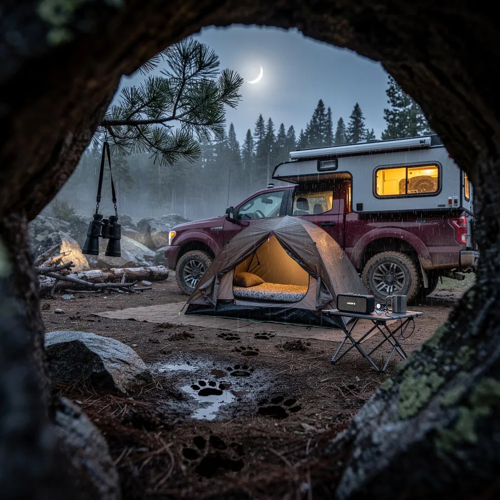 Under a faint crescent moon, a quiet camp sits in a misty pine clearing after a light drizzle. A burgundy truck camper and a small tent glow warm against the cool blue night. Wet dirt shows fresh animal tracks, and binoculars hang from a low branch near a little camp table. The whole scene feels like a secret spot, framed by a rocky arch.