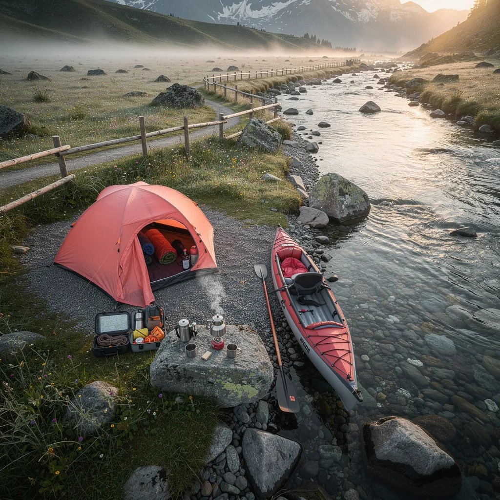A bright coral tent sits in a wide alpine meadow beside a clear, cold stream. Wildflowers, smooth rocks, and a light morning mist make the valley feel calm and magical. An inflatable kayak rests on the pebbly shore, and a little stove puffs warm steam from fresh coffee in the soft sunrise.