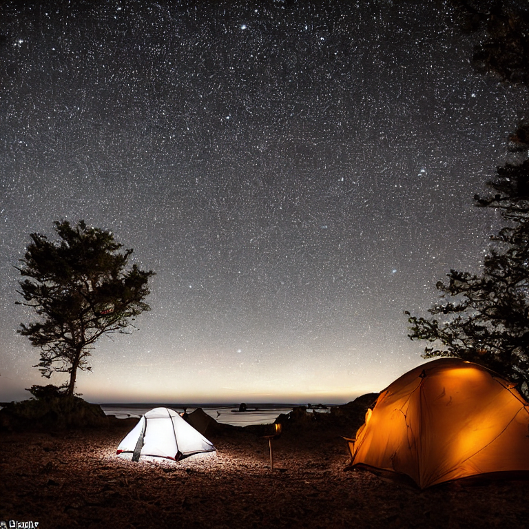 A cozy tent rests on a beach campsite beneath a sky full of bright stars. The ocean glimmers nearby, while a large rock, wildflowers, and camping gear add charm to the sandy ground.