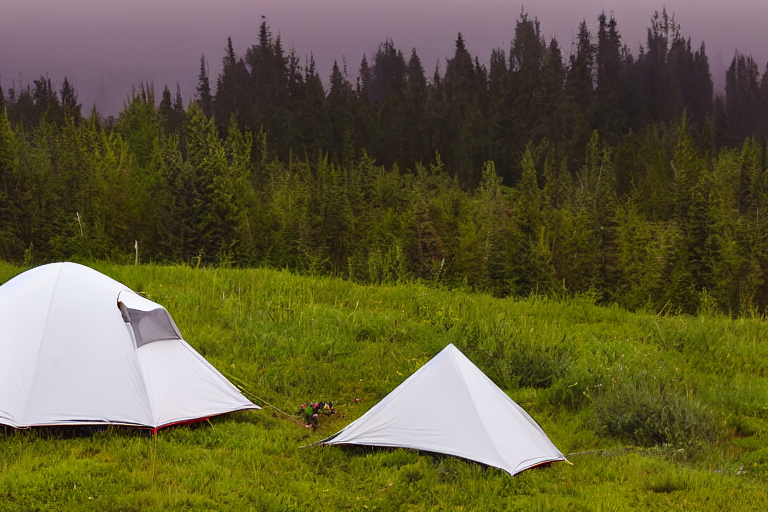 A cozy two-person tent rests on a dirt patch at a paved campsite in Washington State. Wildflowers and a berry bush add color, while rolling hills and a distant deer sit beneath a stormy sunset sky.