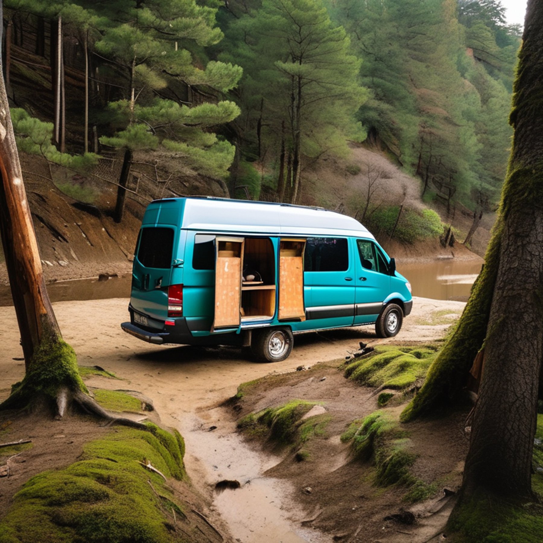 A teal camper van rests beside a sunny dirt path in the green forests of Miyajima, Japan. A clear stream winds through the campsite, with a cozy campfire and logs nearby and a hiker holding a flashlight in the distance.