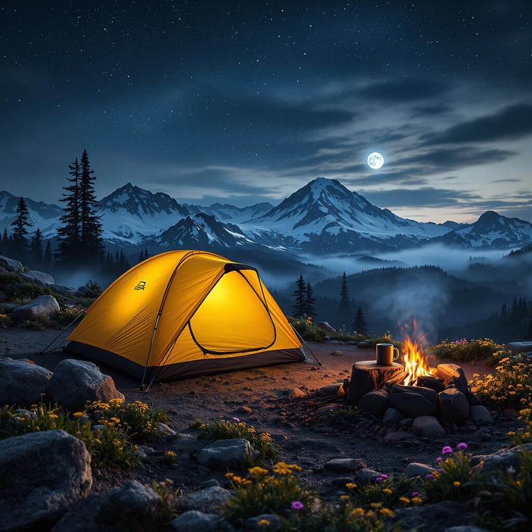 A bright yellow tent rests among boulders and wildflowers beneath Mount Rainier. A warm campfire glows beside a mug on a log, while the full moon lights the stormy sky and a shower of meteors. Animal tracks mark the dirt around the quiet campsite.