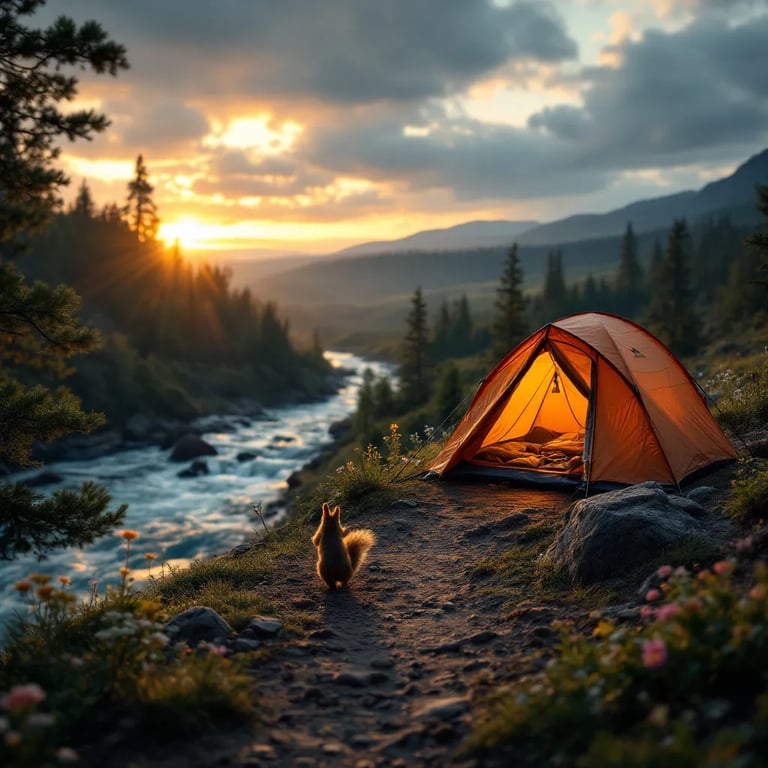 A cozy tent rests beside a rushing river as soft sunrise light brightens the cloudy sky. A dirt path winds through wildflowers and small trees, while a squirrel dashes across the campsite. A warm flashlight glows inside the tent.