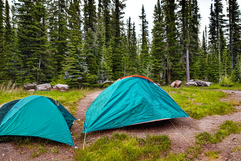 A teal tent rests on a sunny campsite in Banff National Park. A clear stream winds through the rocky, dirt-covered ground, with a camping lantern nearby. Trees and mountain nature create a peaceful outdoor setting.
