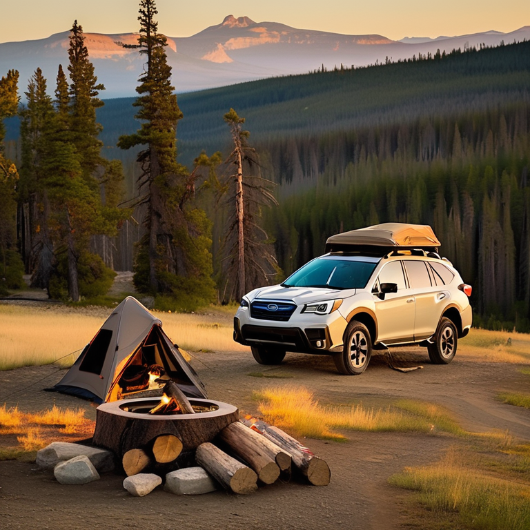 A cozy campsite rests in Yellowstone beneath a clear sunset sky. A Subaru with its rooftop tent stands near a warm campfire ringed with stones, while clothes hang on a line and a picnic table waits nearby. A backpack sits on the dirt, surrounded by the quiet beauty of nature.