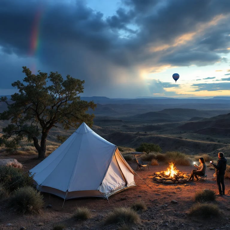 A cozy white tent rests among the rolling hills of Capitol Reef. A warm campfire roasts marshmallows as a stormy sky glows with a double rainbow. A nearby tree holds a small bird’s nest.
