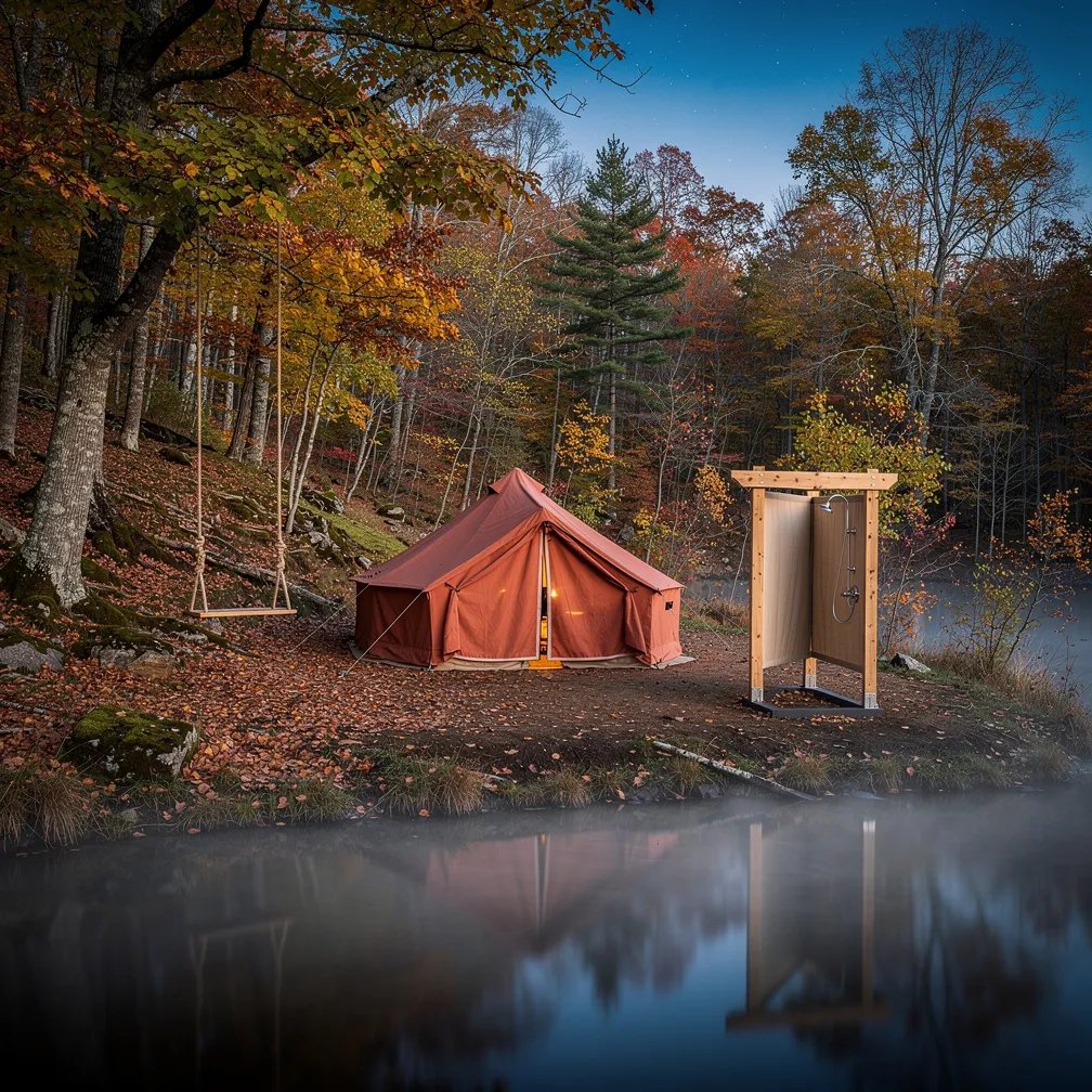 A quiet lake glows at twilight, with a thin mist drifting over the water and the first stars shining above the trees. A terracotta tent sits on a flat clearing under tall hardwoods, with crisp autumn leaves scattered all around. A rope swing hangs from a strong branch, and a simple shower screen stands nearby, making the campsite feel cozy and adventurous.