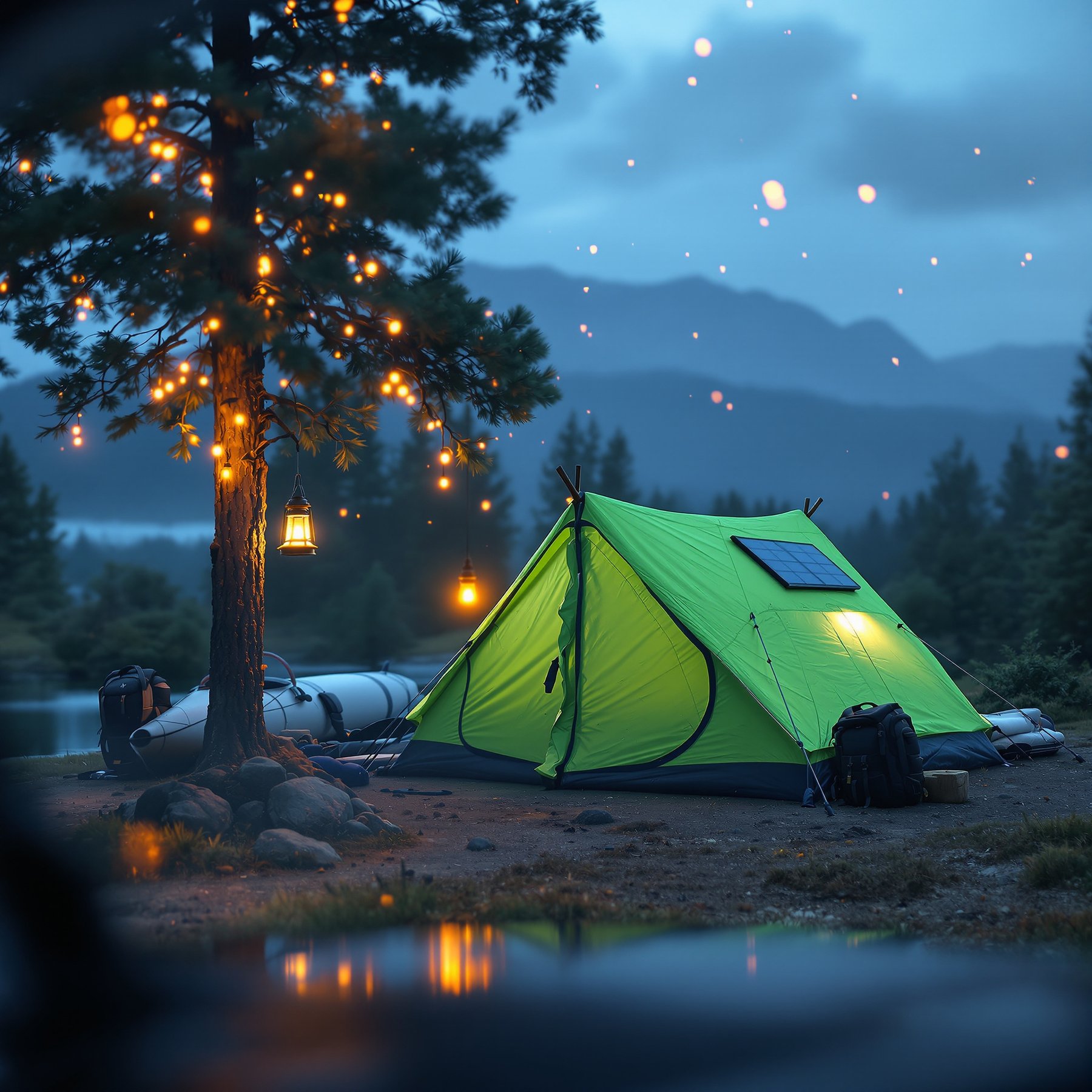 A bright green tent sits by a peaceful lake, surrounded by tall pine trees and sparkling lantern lights. The air feels calm and cozy as the mountains rise in the distance. It’s the perfect spot for camping under the stars!