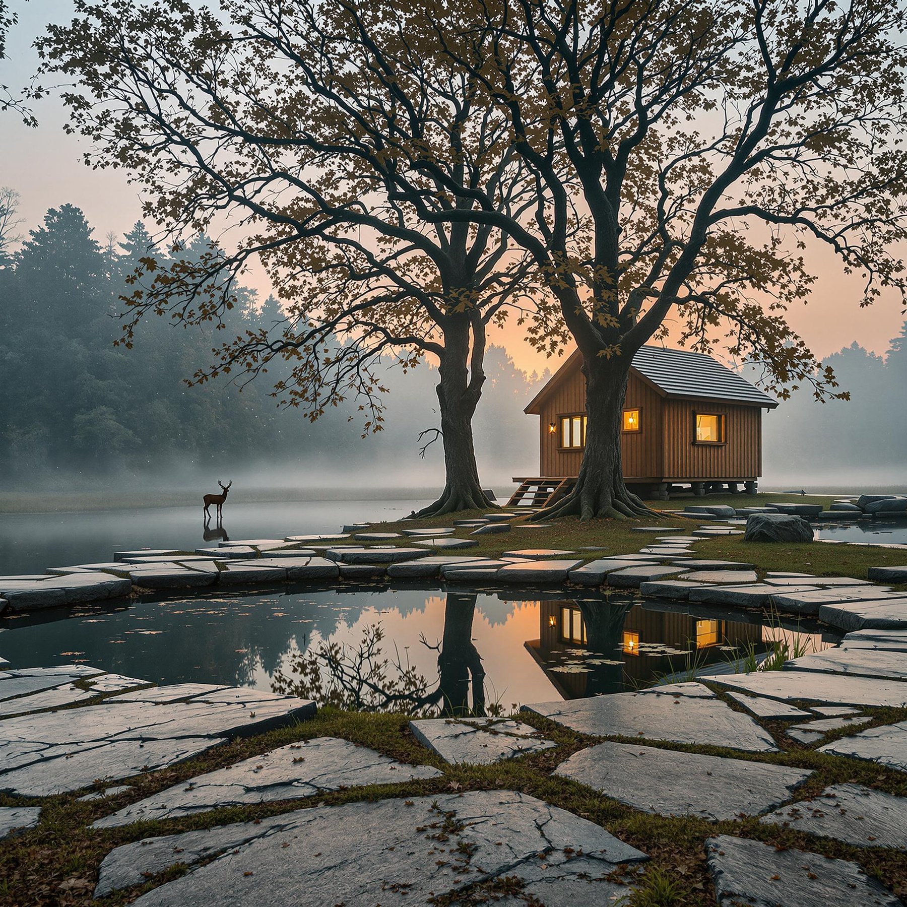 Nestled beside a calm lake, a cozy cabin glows warmly under two towering trees. The mist dances softly over the water as a curious deer comes to visit. This magical spot feels like a storybook come to life!