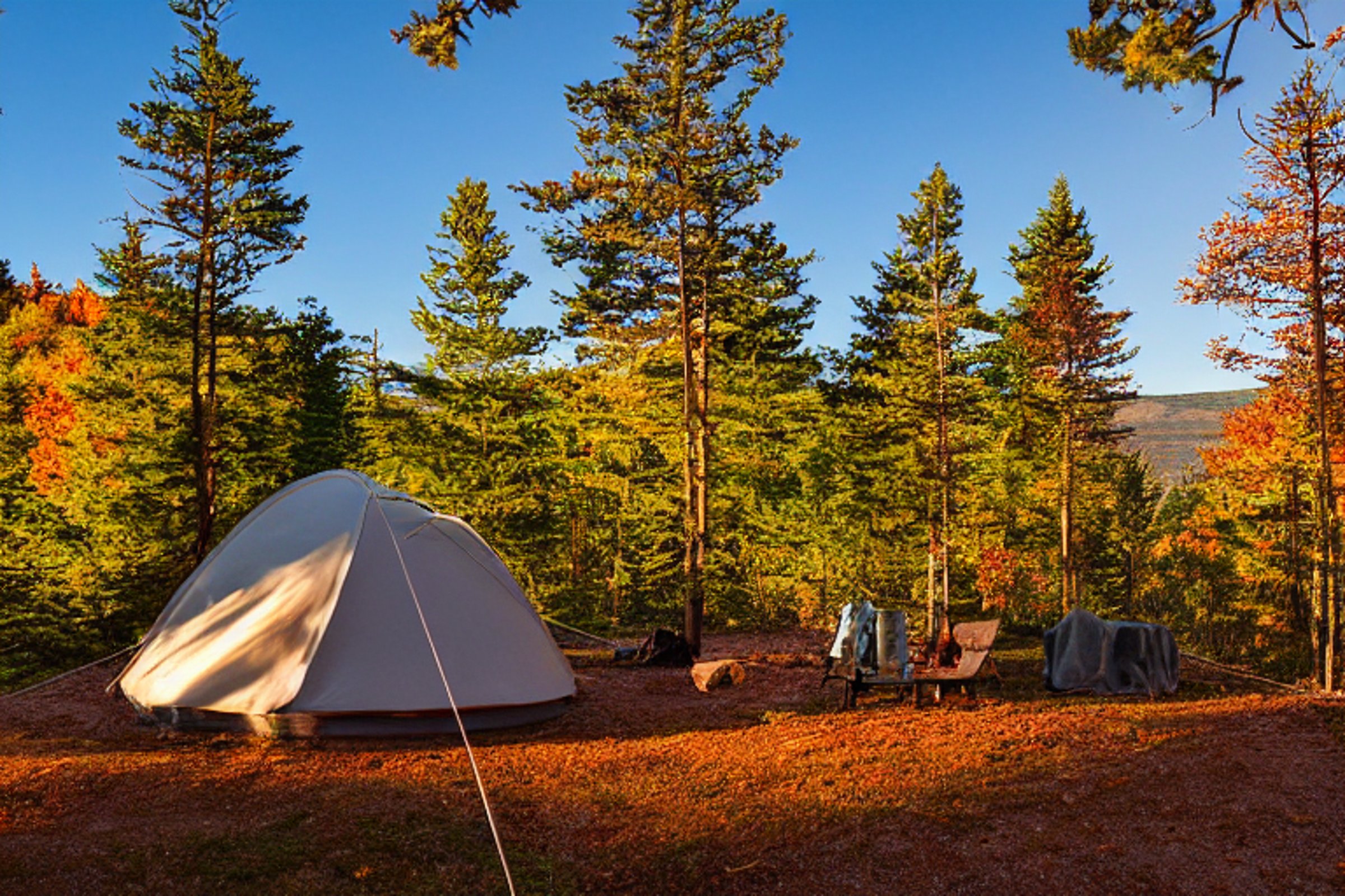 A green tent rests on a sunny campsite in Acadia National Park. Fall-colored trees, large boulders, and a clothesline with drying clothes surround the dirt-covered ground. Warm sunset light fills the peaceful scene.
