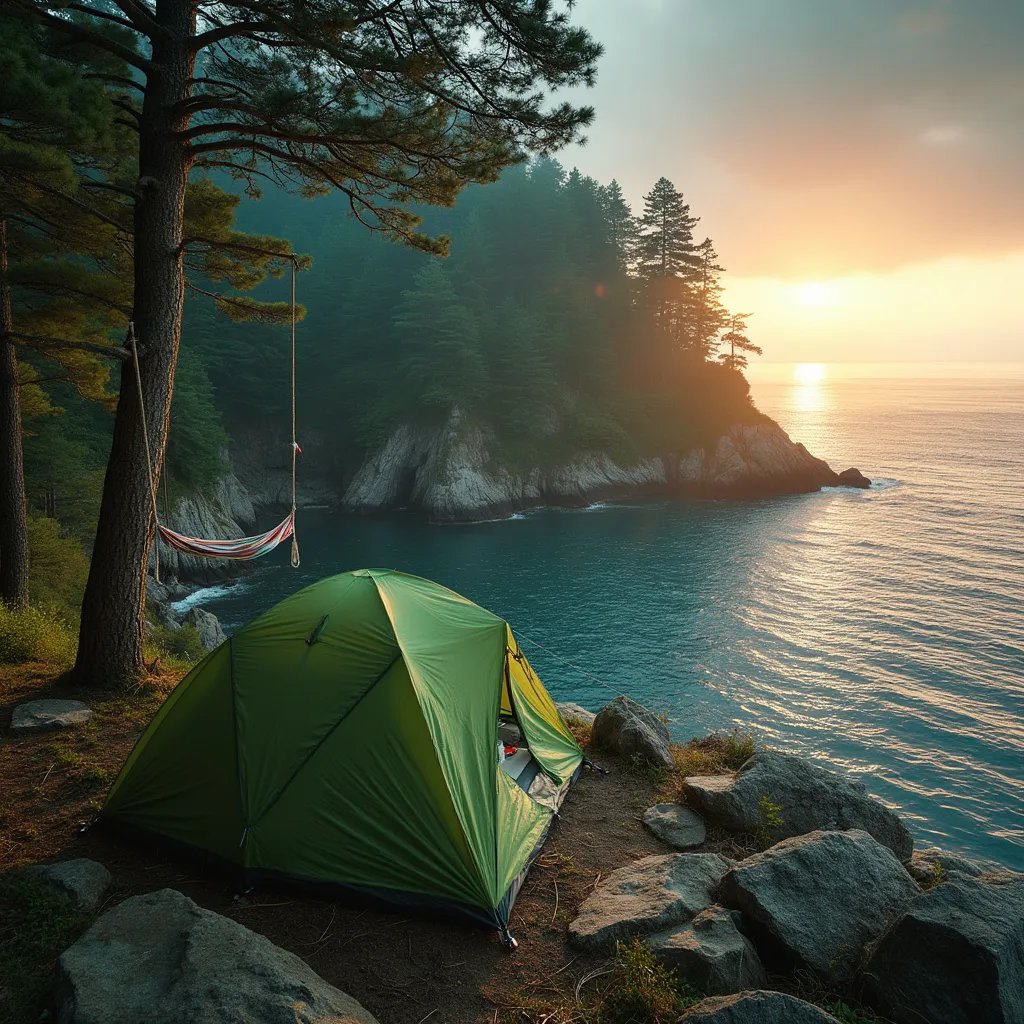 A green tent rests beside a hidden cove, surrounded by large stone slabs and misty forest. A hammock and rope swing hang from sturdy trees nearby. Above, a double rainbow glows in the soft sunset light.
